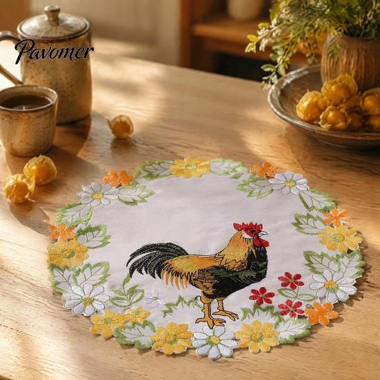 Polyester Embroidery Mats Pastoral Rooster Embroidered Placemat, Decorative Lace Floral Pattern Round Daily Home Dining Accessories Table Mat, Vintage