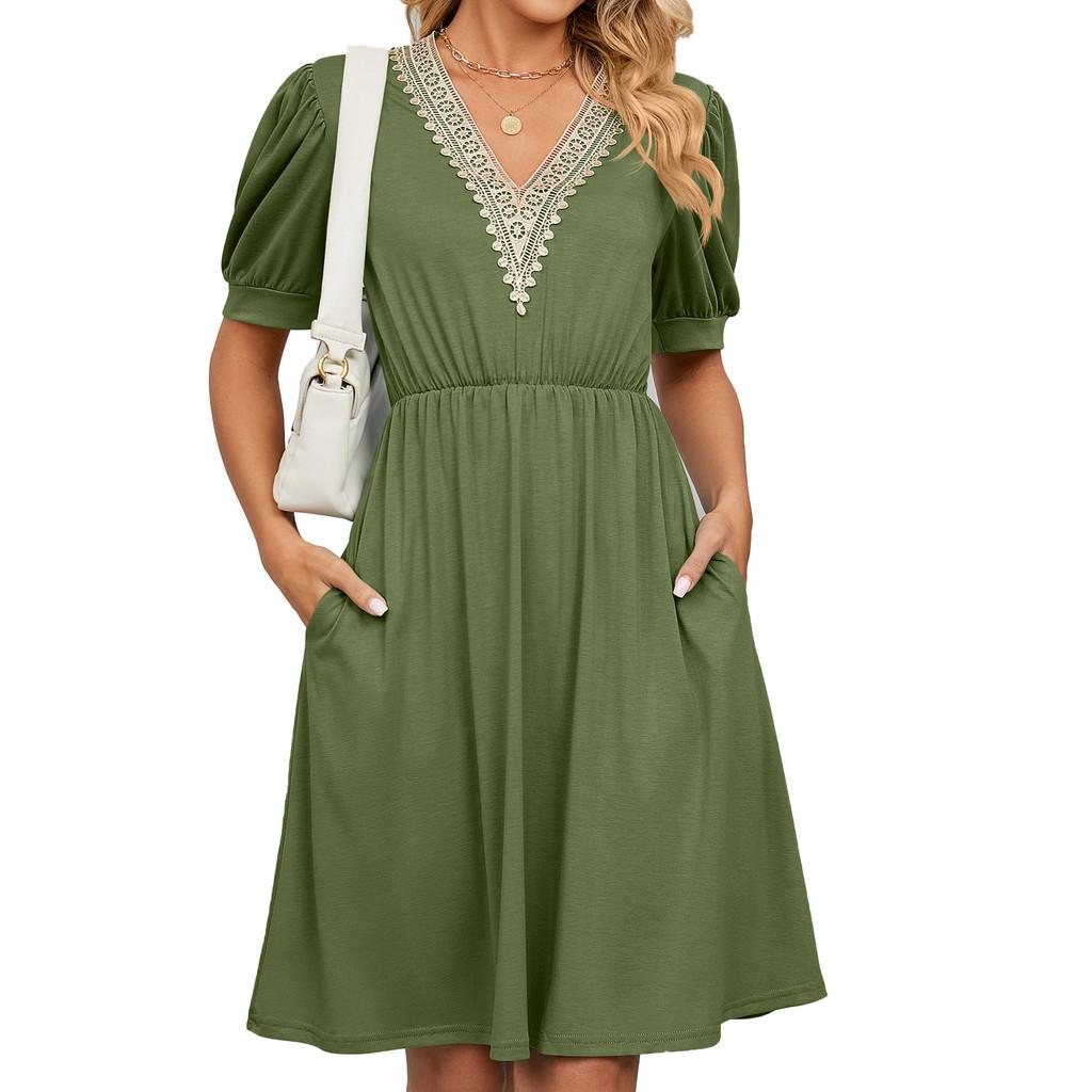 Städtisches Stilkleid mit Taschen und V-Ausschnitt für den Frühling, Freizeitkleidung