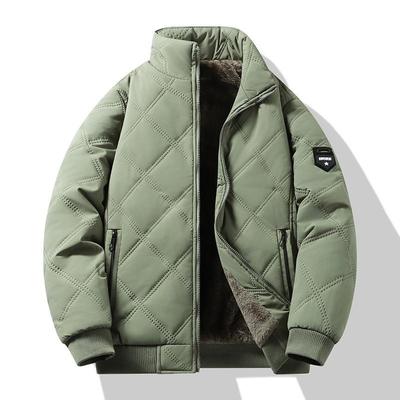 Casual Winter Velvet Men's Cotton-padded Clothes, New Thickened Stand-up Collar Windproof and Warm Cotton-padded Clothes, Green Cotton-padded Jacket.