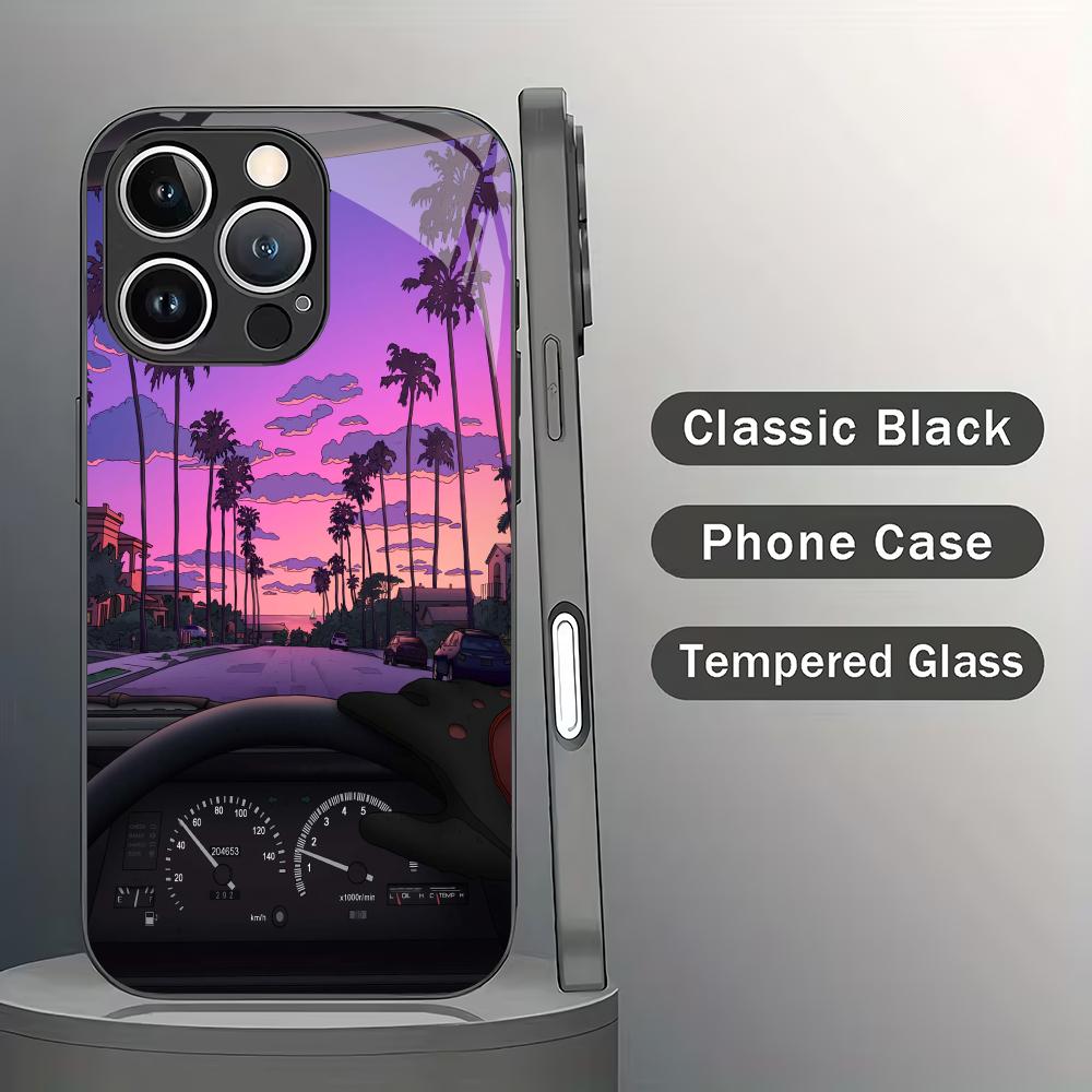 Highway sunset tempered glass phone case suitable for iPhone17 16 15 14 13 12 11Pro/Max/Plus anti drop and shockproof back cover