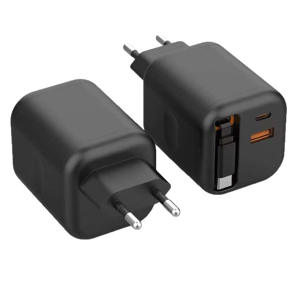 PD 40W Fast Charging Retractable Charger: Gallium Nitride, Dual A+C Port, Multifunction, Visible Charge Indicator.