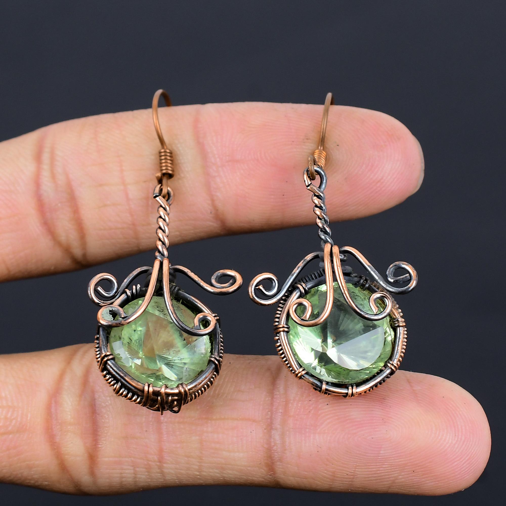 

Серьги с зеленым аметистом, Серьги, обернутые медной проволокой 999 пробы, Винтажные украшения ручной работы, Подарок на День матери 2.55 Inches