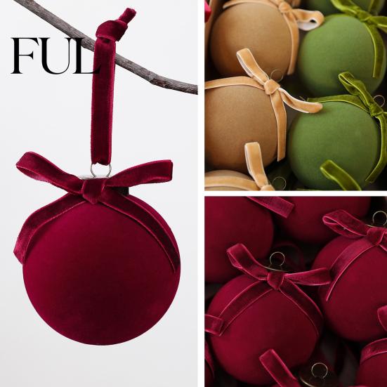 Retro Christmas Baubles with Bows 15Pcs Flocking Ball Hanging Ornaments Bow Decor, Flocked Tree Velvet Balls Bubbles for Holiday Home Decoration,