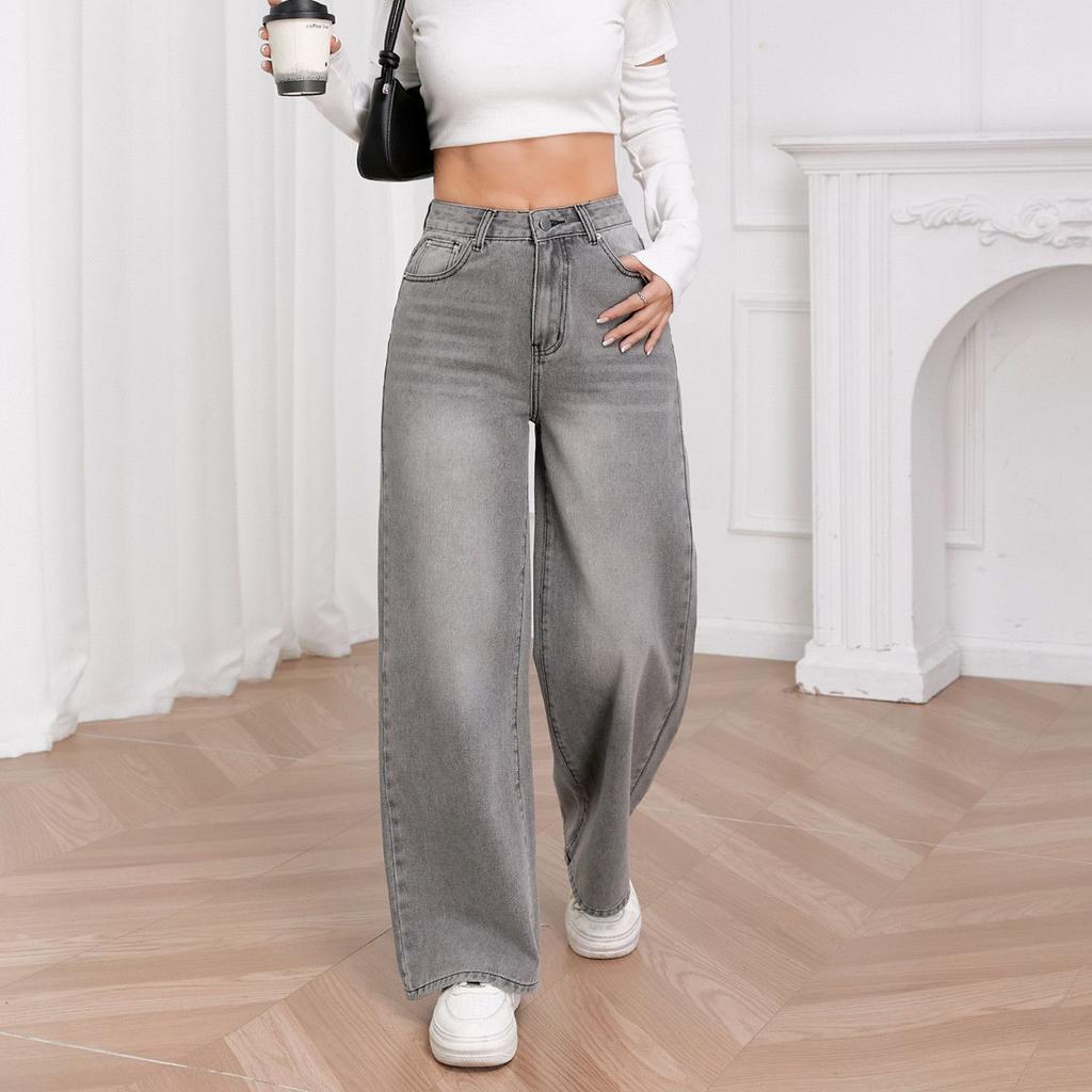 Puffanpop Women's Wide Leg Jeans Retro Wash High Waisted Denim Pants Loose Straight Jeans Y2K Casual Pants