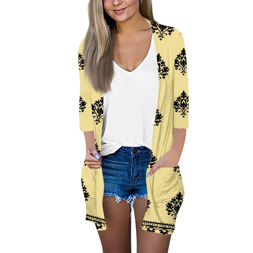 Women's Fashion Loose Casual Pocket Printed Cardigan Seven Sleeve Jacket Top