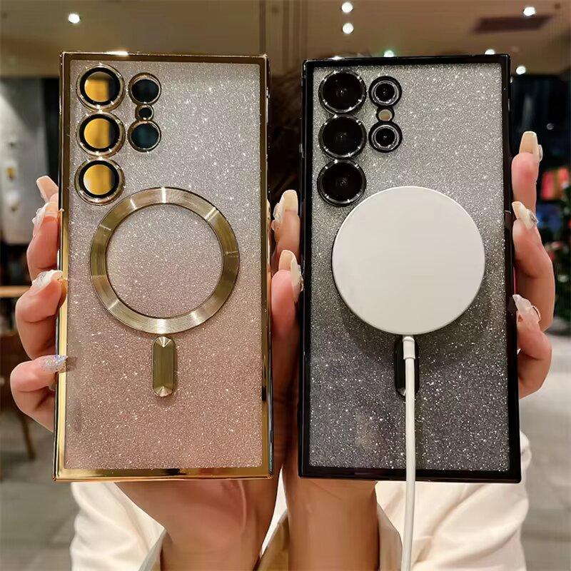 Luxury Plating Glitter For Magsafe Magnetic Phone Case For Samsung Galaxy S25 S24 S23 S22 S21 Ultra Wireless Charging Soft Cover