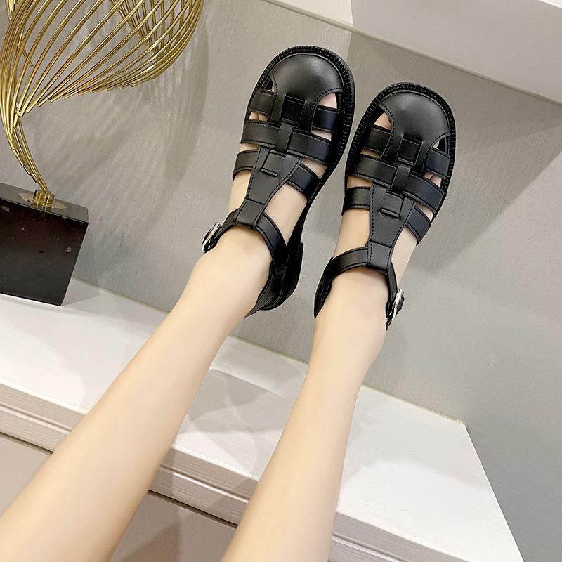 Fashion Flat Shoes Women Sandals Retro Braided Roman Sandals Women's Summer Baotou Versatile Soft Bottom Hollow Casual Round Toe Sandals