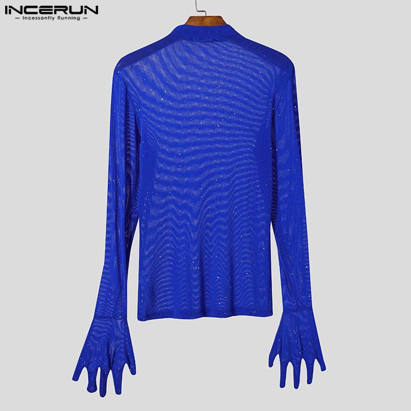 INCERUN Men Mockneck Long Sleeve Mesh Sheer Gloves Tops Slim Glitter Undershirts