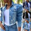 Kvinner Sexy Ripped denimjakker Vintage Casual Kort Jean-jakke Puffermet Damefrakk Streetwear