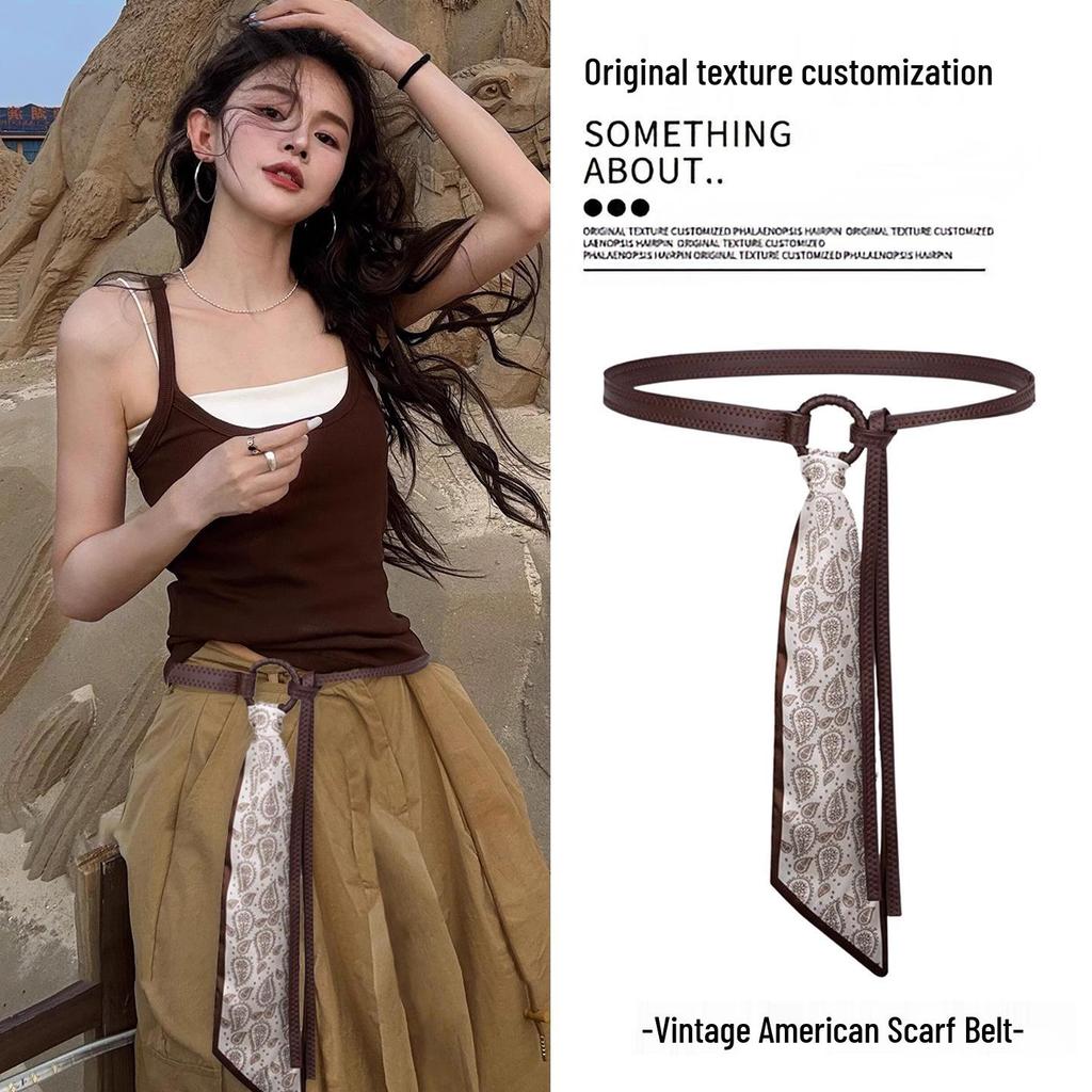 Women's Coffee Brown Silk Scarf Belt with Wide-Leg Cargo Jeans Retro Style