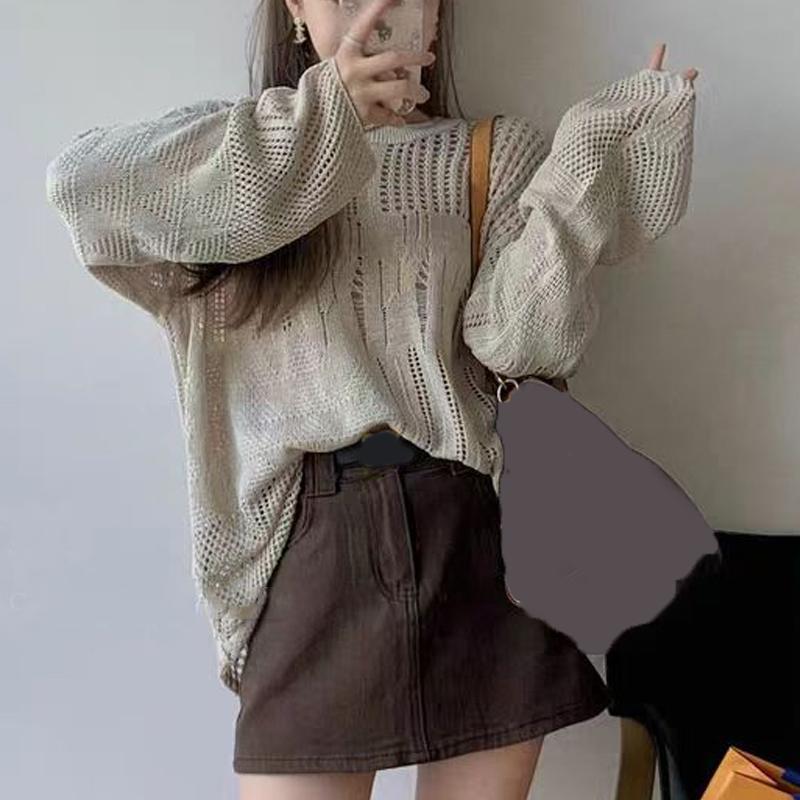 

2025 Весенний вязаный пуловер женский свитер жилет новый длинный рукав свободный тонкий топ модный повседневный простой элегантный базовый ажурный женский 3661 One Size хаки