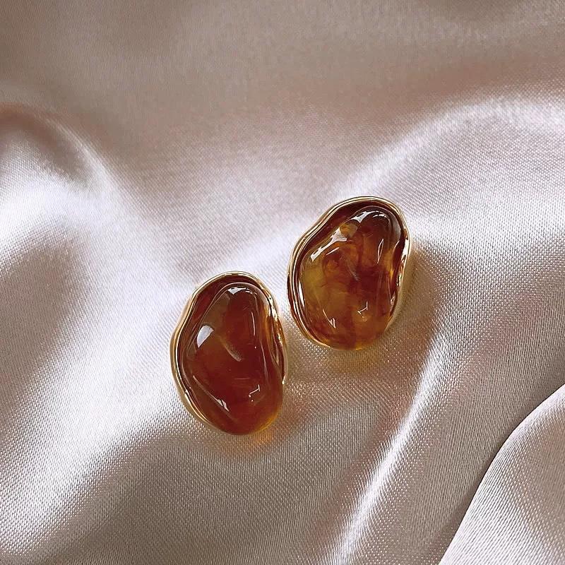 Maillard Coffee Color Amber Earrings Women's Autumn and Winter High-end Commuter Style Earrings Light Luxury Niche Design Earrings