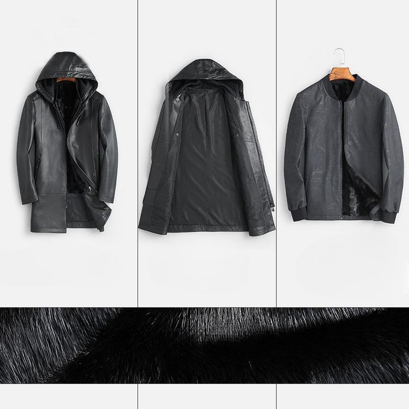 Whole Mink Liner, Mink Fur Integrated Men's Leather Leather Jacket, Fur Jacket Medium and Long Goatskin