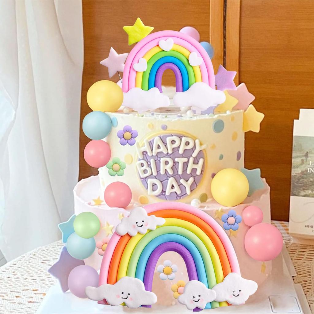 Rainbow Cake Topper Rainbow Theme Party Supplies Pastel Balls Cake Topper Boho Cake Toppers
