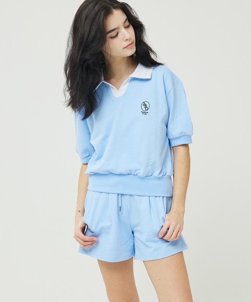 AWESOME STUDIO Color Block Collar Crop Sweatshirt Short Sleeve T-Shirt Sky Blue