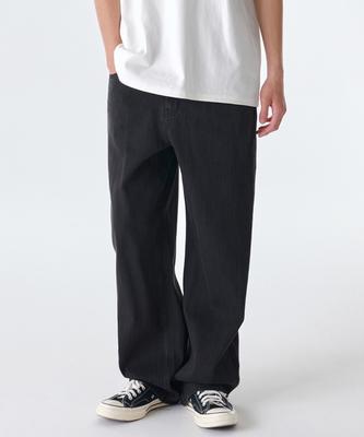 Linen-Like Wide Denim Pants [Washed Black]