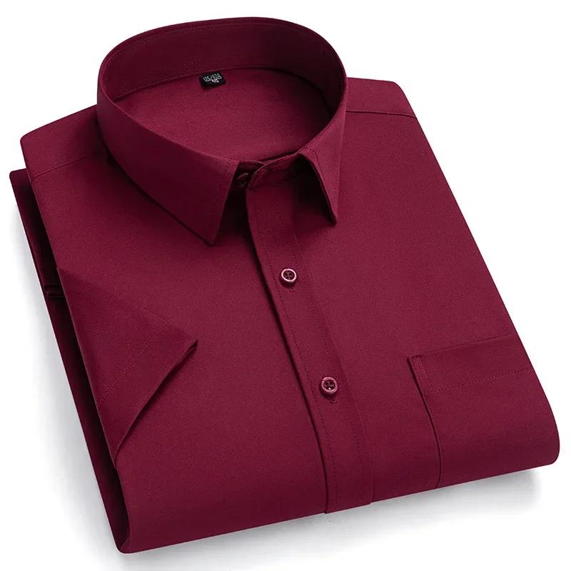 Camisa Masculina de Verão Não Amassa Anti-Rugas Casual de Negócios Cor Sólida Elástica Lisa Manga Curta Trabalho Social