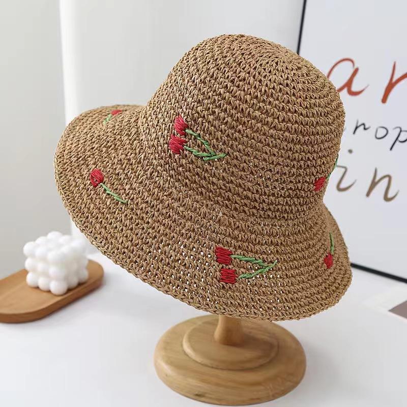 Summer hat cherry visor female hollow straw hat ultraviolet big brim face protection sun bucket hat beach