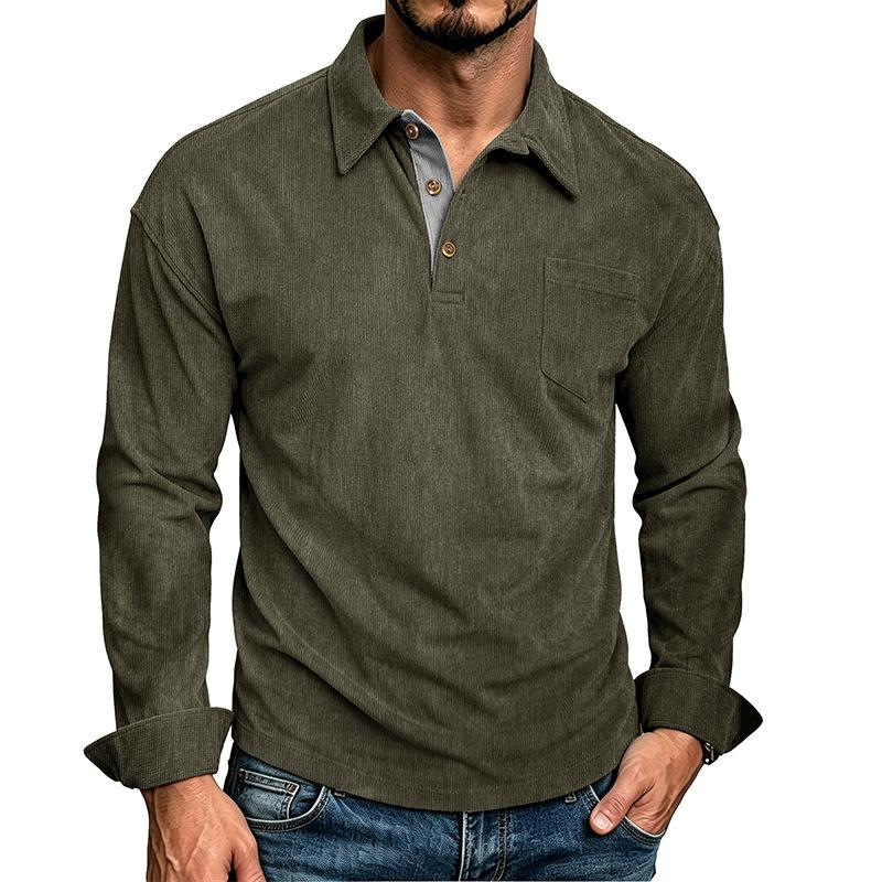 Mens Long Sleeve Corduroy Polo Shirt Casual Autumn Top