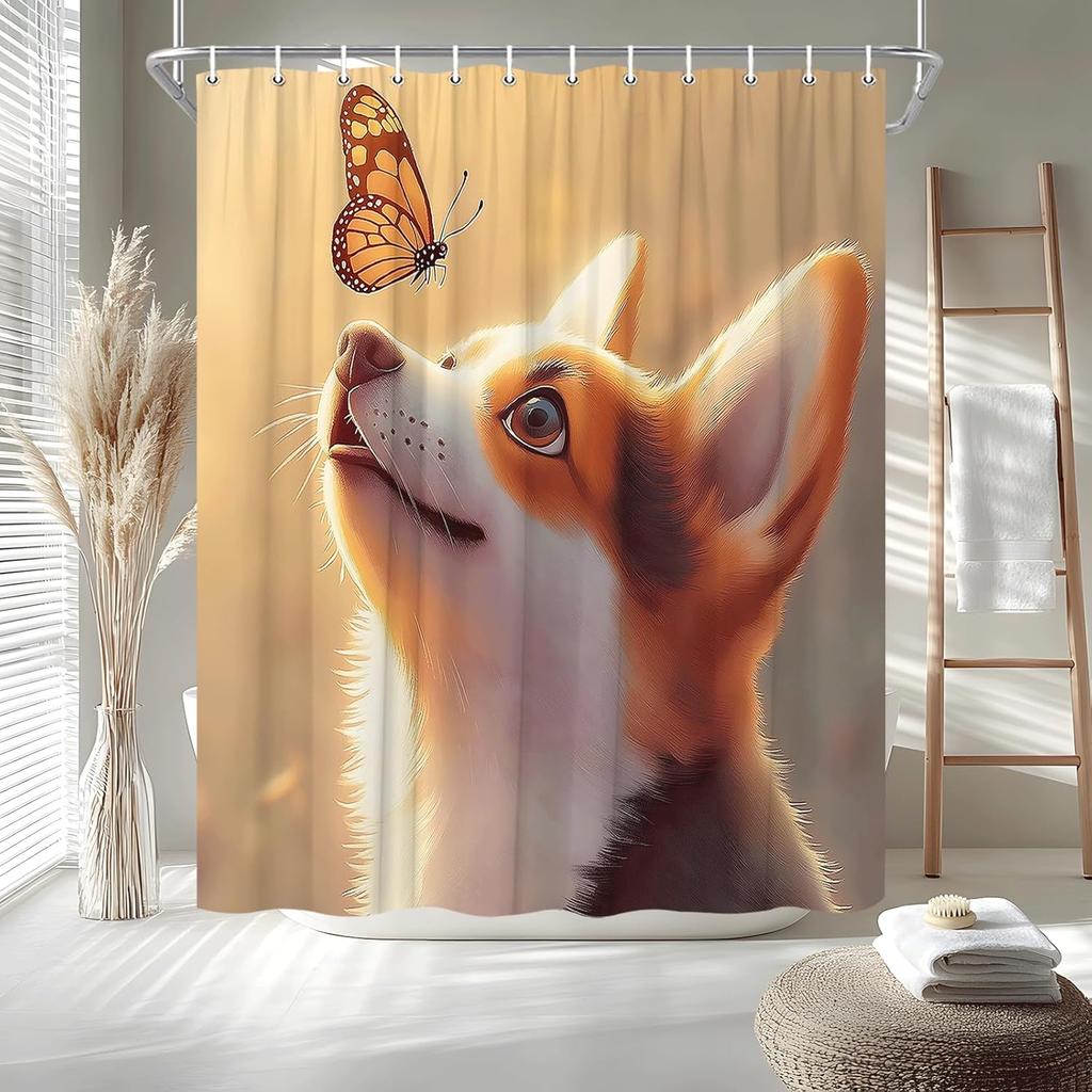 Cute Dog Shower Curtain Funny Corgi And Butterfly Puppy Lovely Cartoon Animal Pet Lover Abstract Girls Boys Bath Curtain Fabric