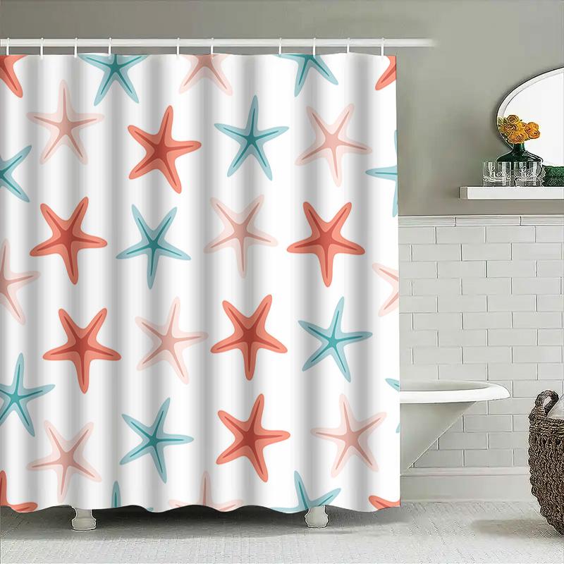 Modern Bathroom Decor: Pink Blue Starfish Shower Curtain For Bathtub Or Sink Area Water Repellent Fabric With Hook Rings Availab