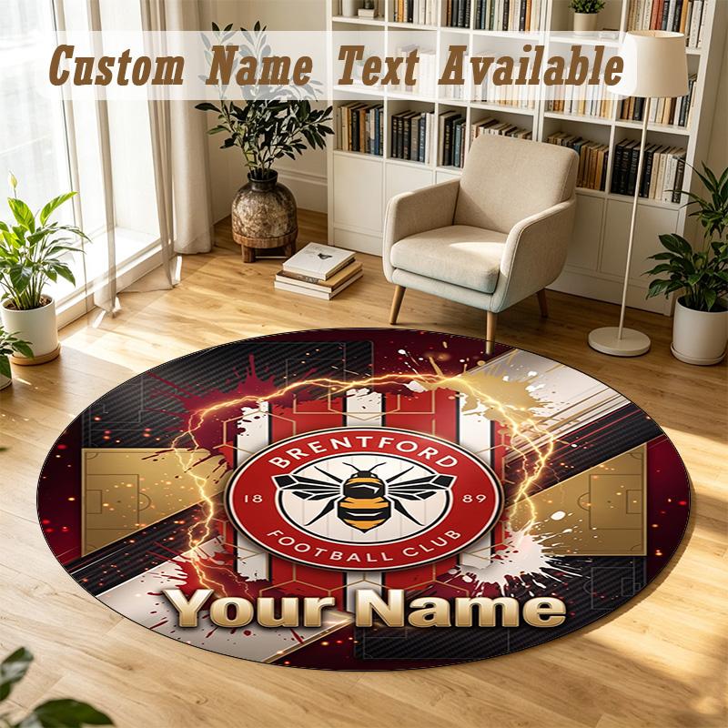 Round Rug Custom NameBrentford Football Pattern Non Slip Carpet Home Floor Decor