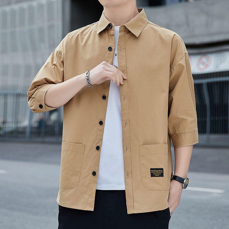 Men's Pure Cotton Seven-Sleeve Shirt - Spring/Summer Solid Color, Loose Fit, Trendy Casual Workwear with Versatile Pocket.