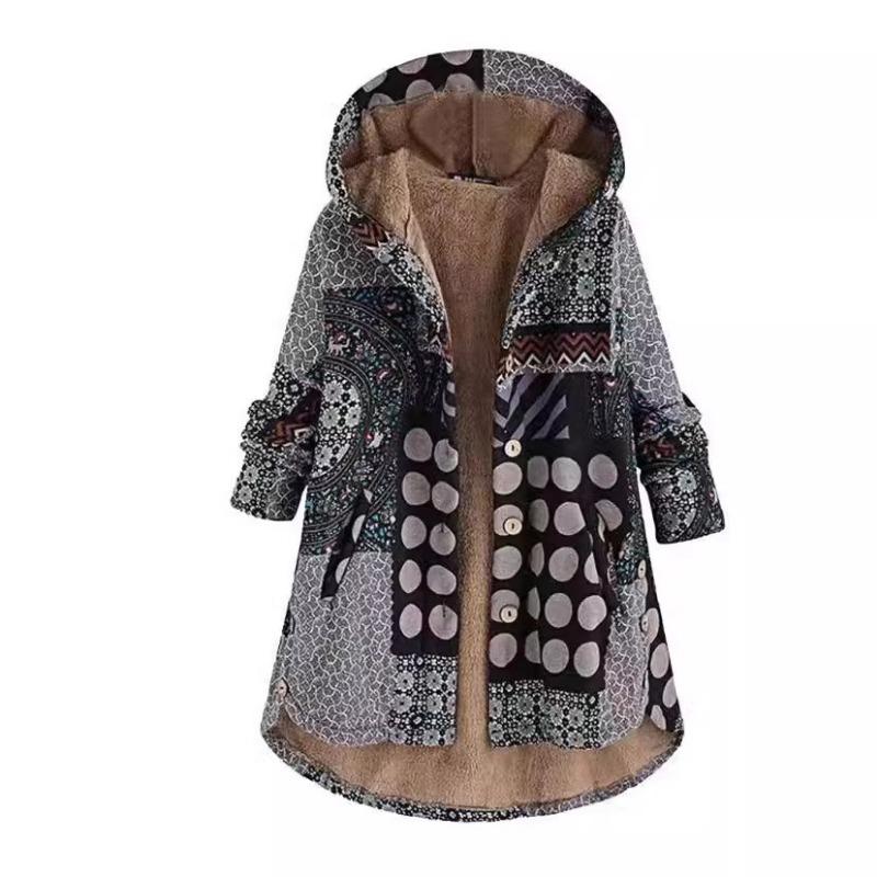 Women Casual Outwear Winter Warm Retro Printed Pockets Zipper Hooded Thicker Coat Plus Size