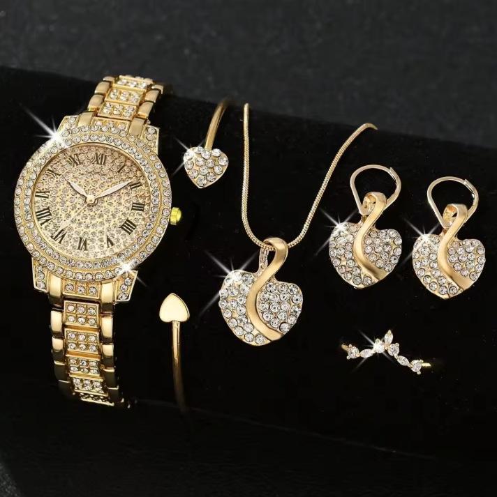 Ladies Watch Set Steel Belt Full Diamond Premium Quartz Watch Temperament Business Leisure Watch