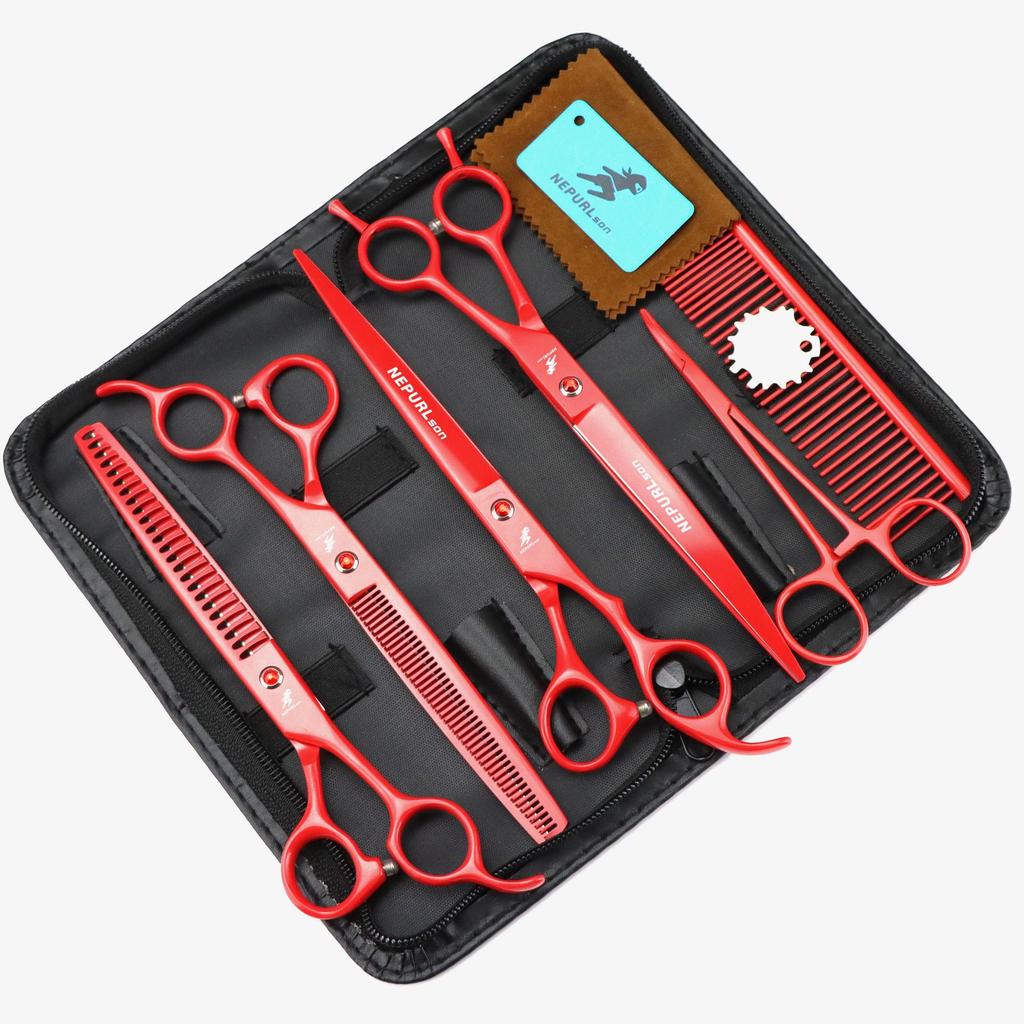 8.0 Inch Paint Red 4 Packs, Pet Beauty Scissors Straight Cut Curved Scissors, Set, Free Row Comb Dense Tooth Scissors