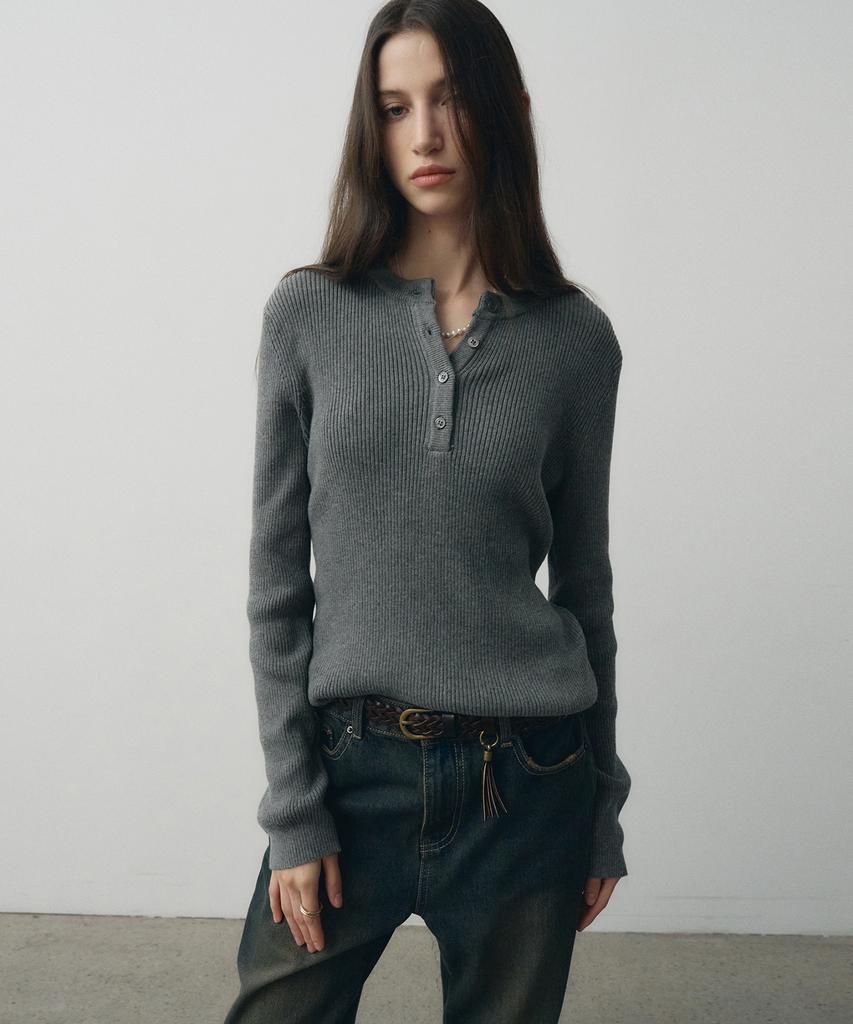 NOIRER PER DONNA Maglia a coste con scollo Henley in cotone (Grigio)