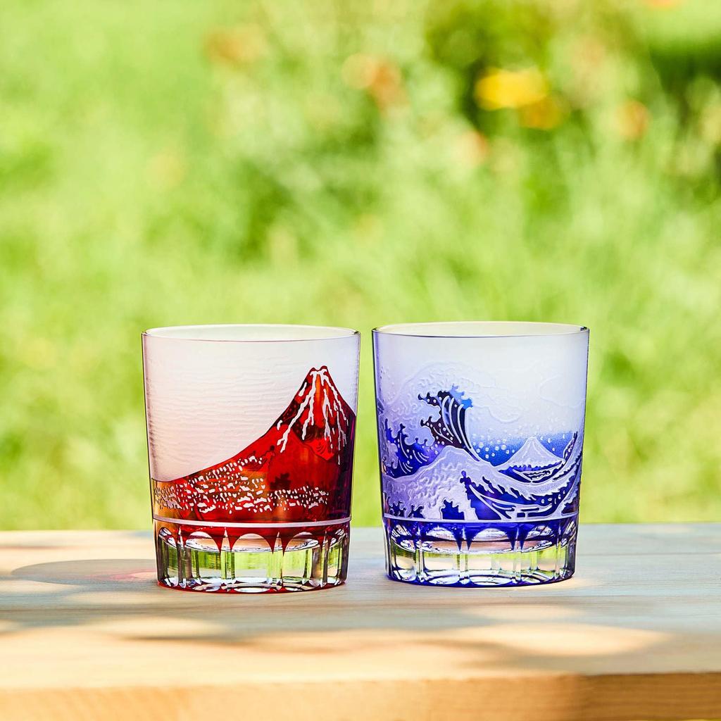 LUGUFON Cut Glass Fuji Rock Glass Wave Handcrafted by Comes In a Paulownia Wood Suitable for Stylish and Perfect for and Other Special Set of 2 Mt.