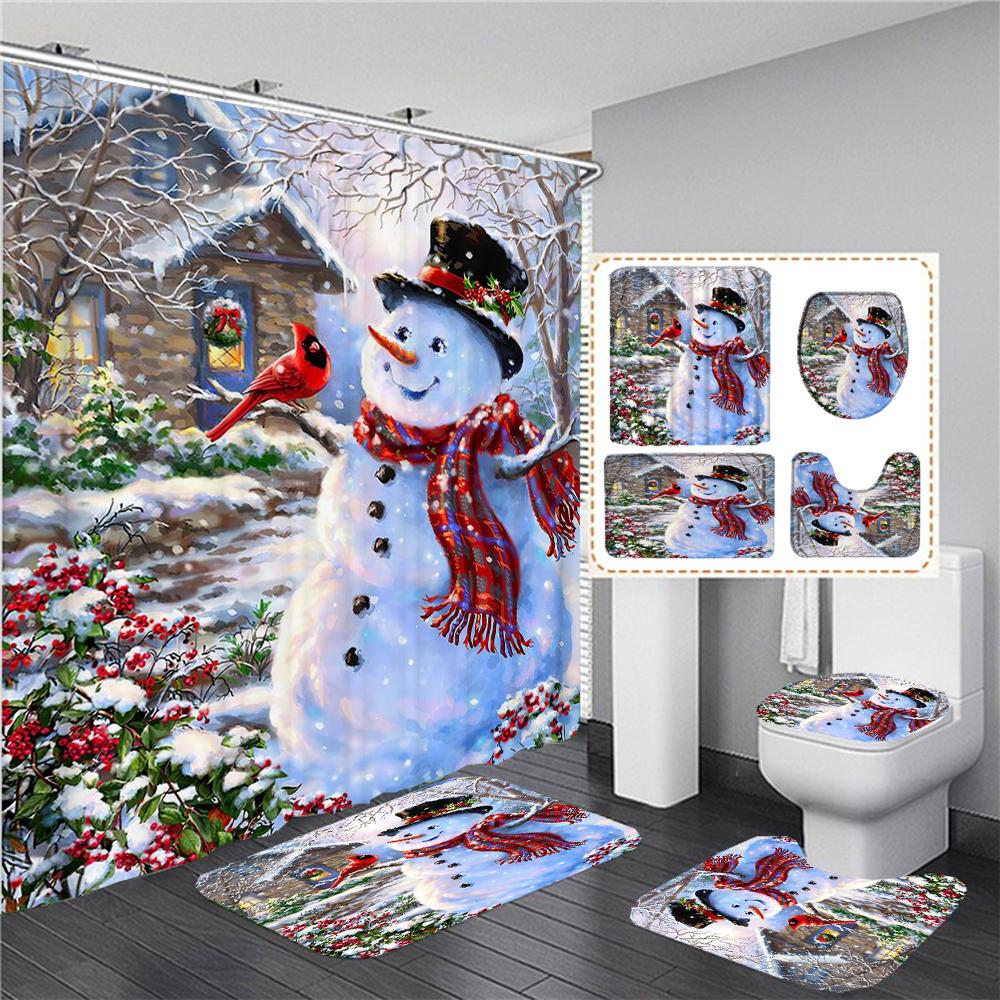 Merry Christmas Shower Curtains Bathroom Curtain Set Santa Snowman Bath Mats Toilet Lid Cover Non-Slip Carpet Home Decor