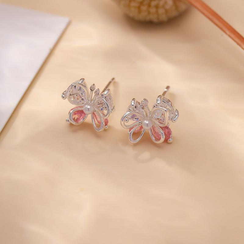 Hollow Butterfly Stud Earrings Inlaid Pink Cubic Zirconia Sparkly Elegant Sweet Daily Wear Jewelry For Women Ladies