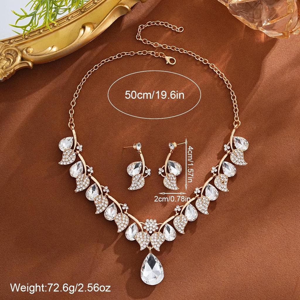 Retro Ethnic Water Drop Gem Necklace & Leaf Jewelry Set for Women