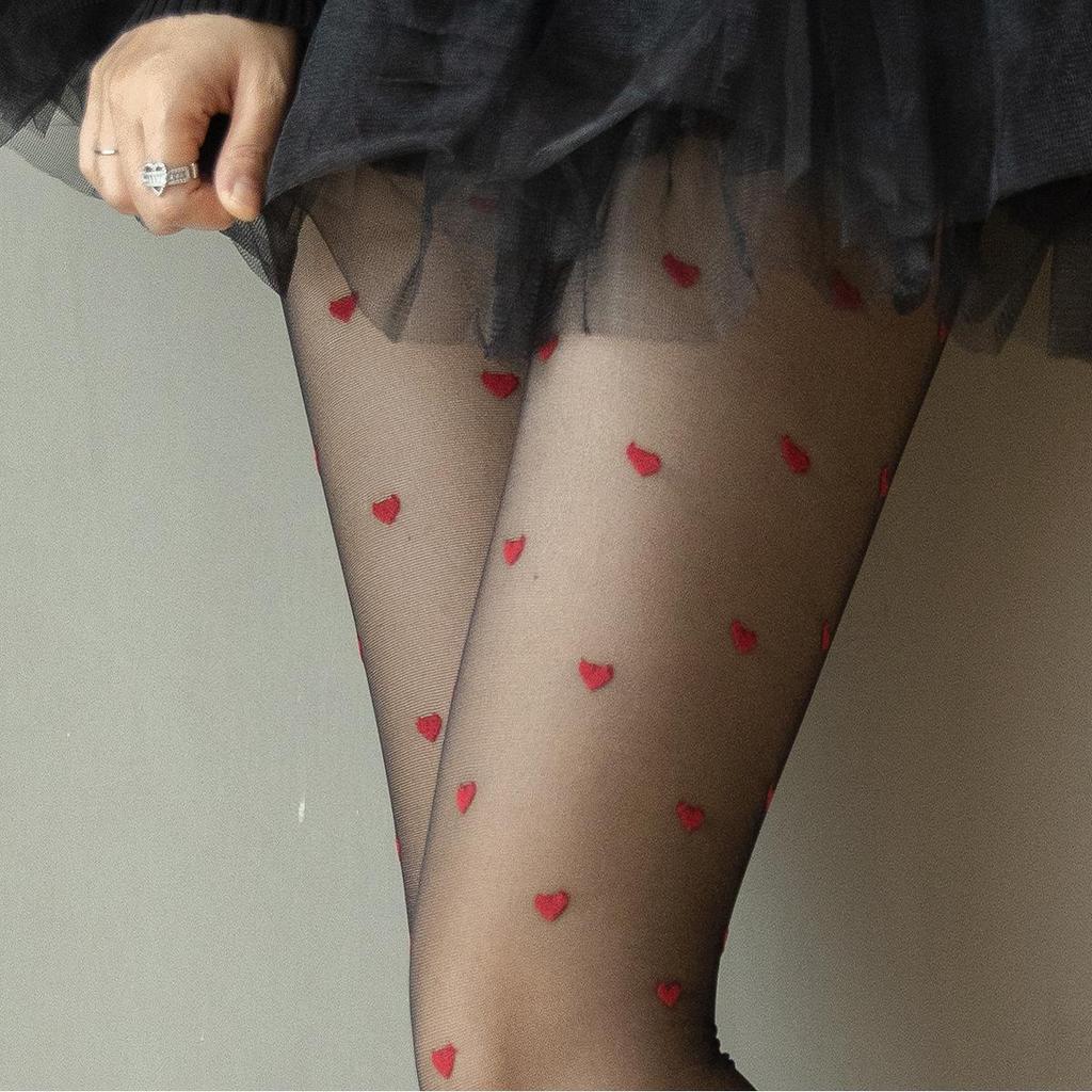 Ultra-Thin Polka Dot Pantyhose: Red Heart Black Silk Japanese Style