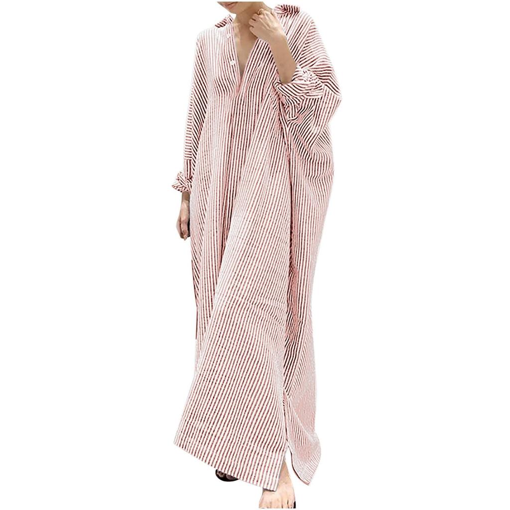 Women's Casual Cotton And Linen Striped Cardigan Loose Temperament Irregular Shirt Dress