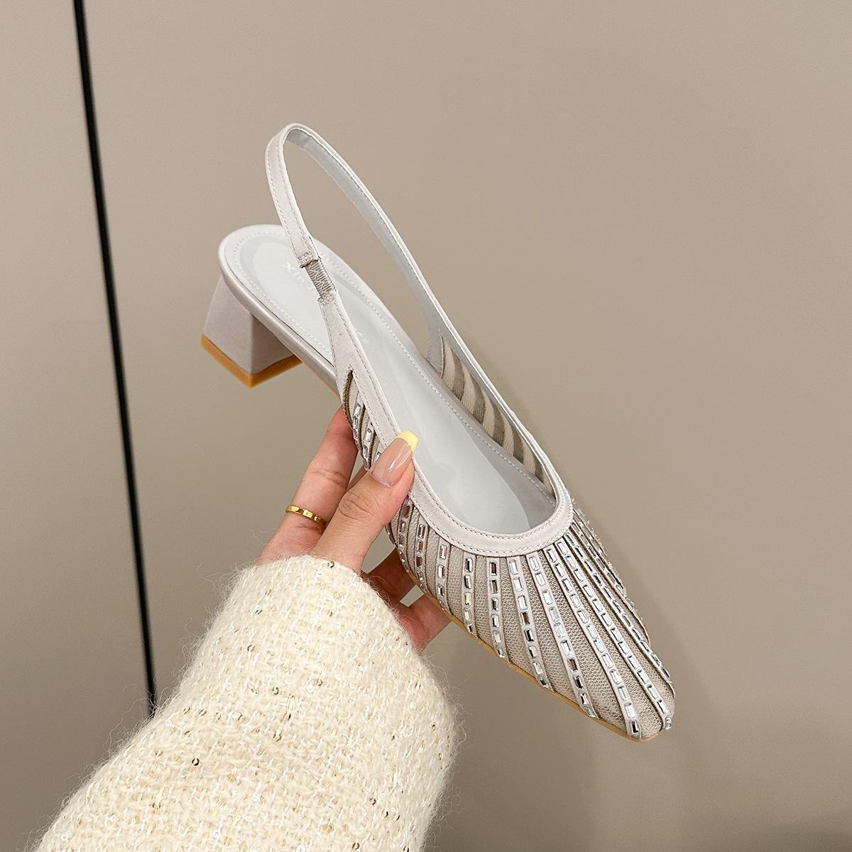 

579-7 French New 2025 Spring Summer Daily Rhinestone Pointed Fashion Press Drill Thick Heel Commuter Sandals Women 40