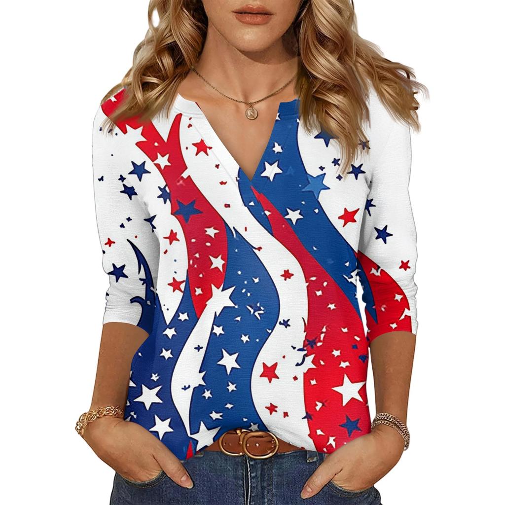 Women's Casual Fashion Sexy Comfortable V-Neck Independence Day Seven Sleeve Top