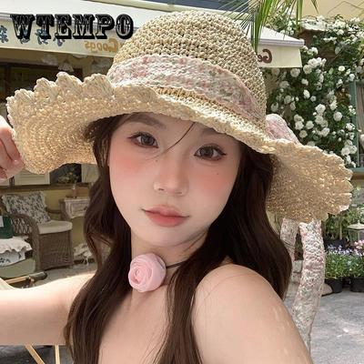 Eleganter Stroh-Sonnenhut mit Spitzenbesatz für Damen - Atmungsaktiv, leicht mit verstellbarem Kinnband, perfekt für Sommer- und Strandausflüge