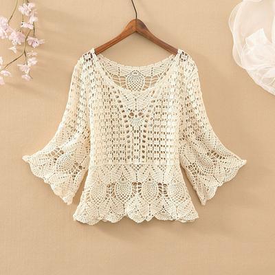 Dame Frühling Sommer 2022 Mode Neue Lose Fünf-punkt Hülse Kurzen Rundhals Einfarbig Plaid Casual Weibliche Hohl heraus Spitze Top