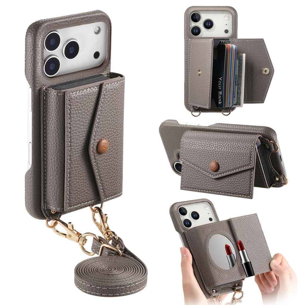 For iPhone 17 Pro Max Case Card Holder Kickstand PU Leather + PC Phone Cover with Mirror and Crossbody Lanyard