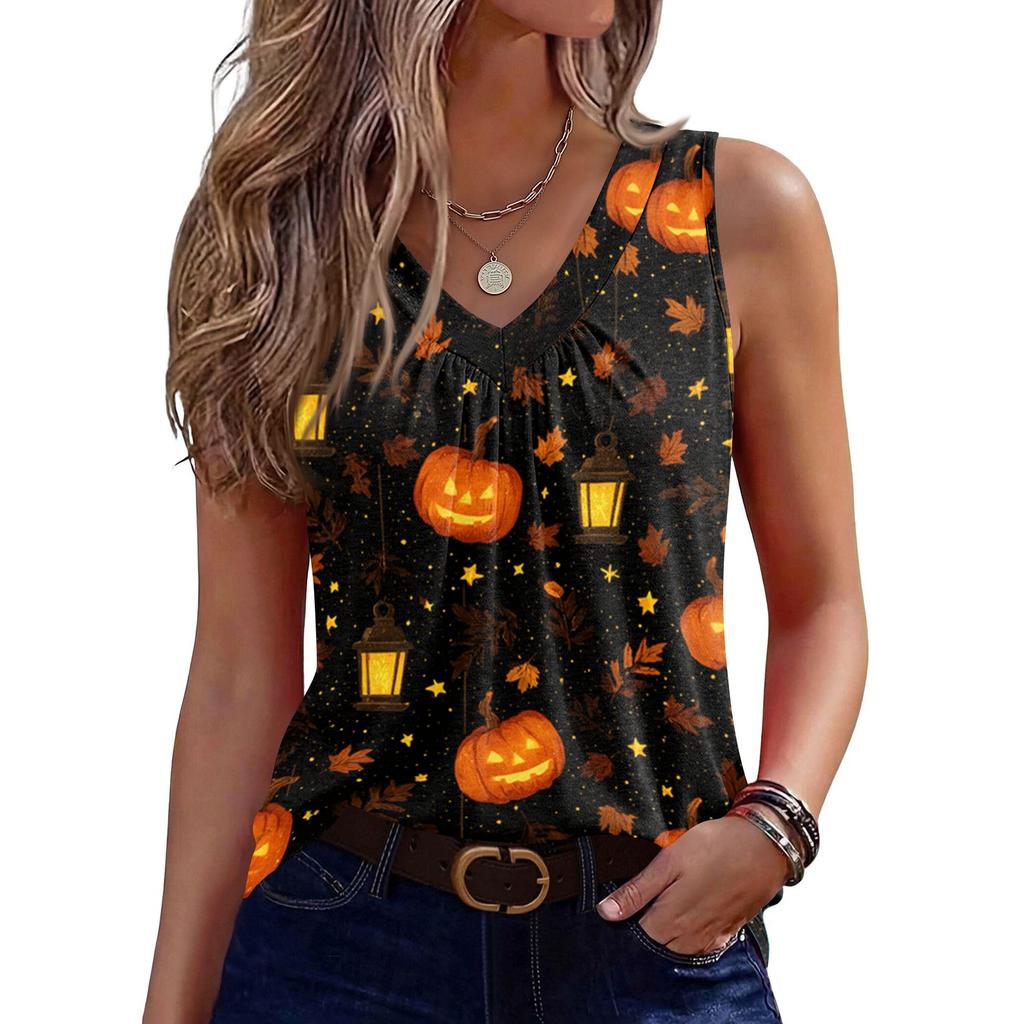Women's Sleeveless V Neck Tank Top Casual Halloween Pumpkin Print Blouse Lightweight Summer Shirt for Everyday Wear