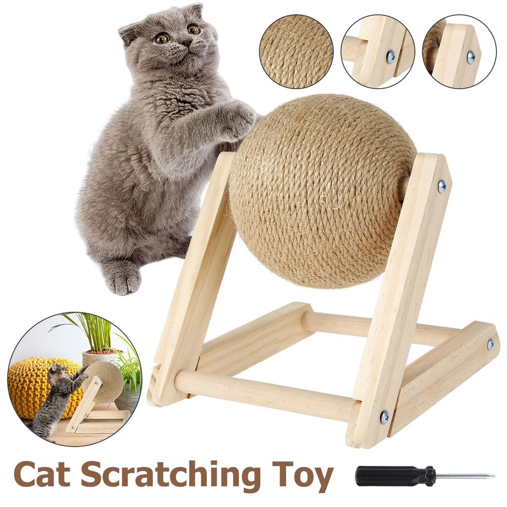 Cat Scratching Ball Toy Sisal Rope Rotatable Ball Board Grinding Paws Toys Solid Wood Cats Scratcher Wear-Resistant Pet Supplies