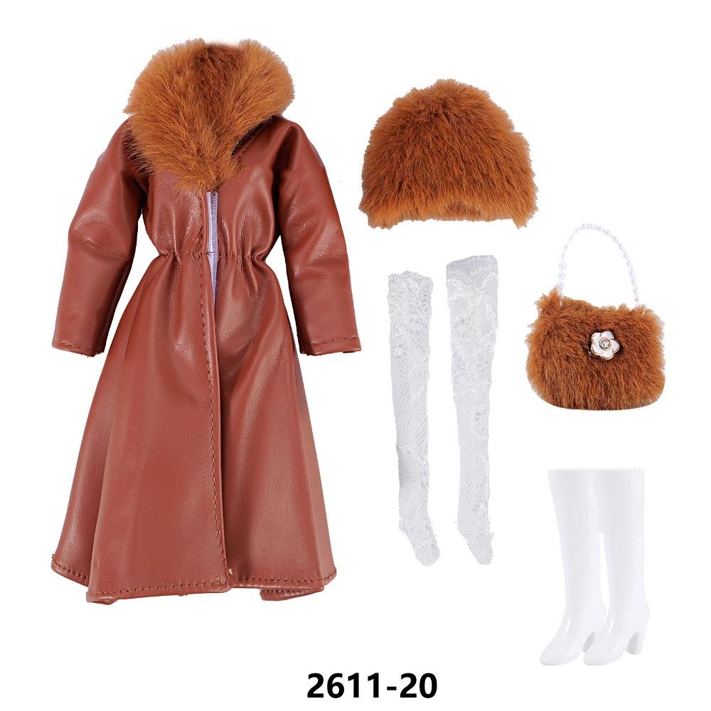 30cm Doll Clothes Fashion Luxury Fur Collar Waist Leather Trench Coat Jacket Pants Skirt Set For 1/6 Supermodel Doll Accessories
