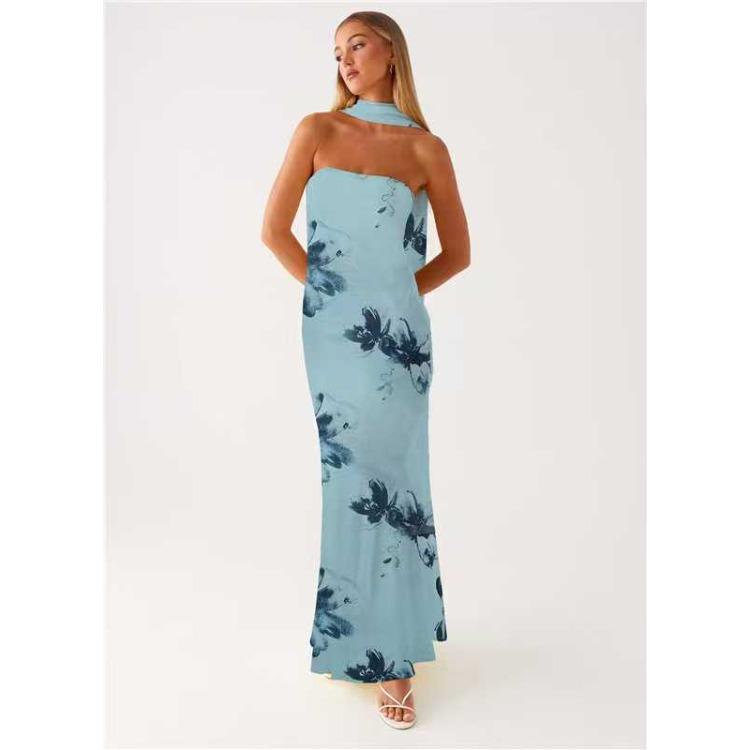 Women's Strapless Floral Print Mermaid Maxi Dress with Side Drape