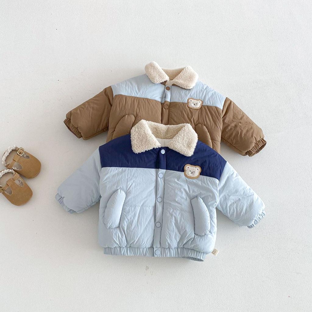 Boys Winter Puffer Jacket Korean Style Color Block Coat Thick Warm Bear Outerwear for Kids