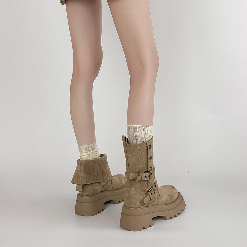 Vintage Maillard Boots Women's Autumn and Winter Design Sense Thick-soled Versatile Two Wear Belt Buckle Medium Boots Martin Boots Short Boots