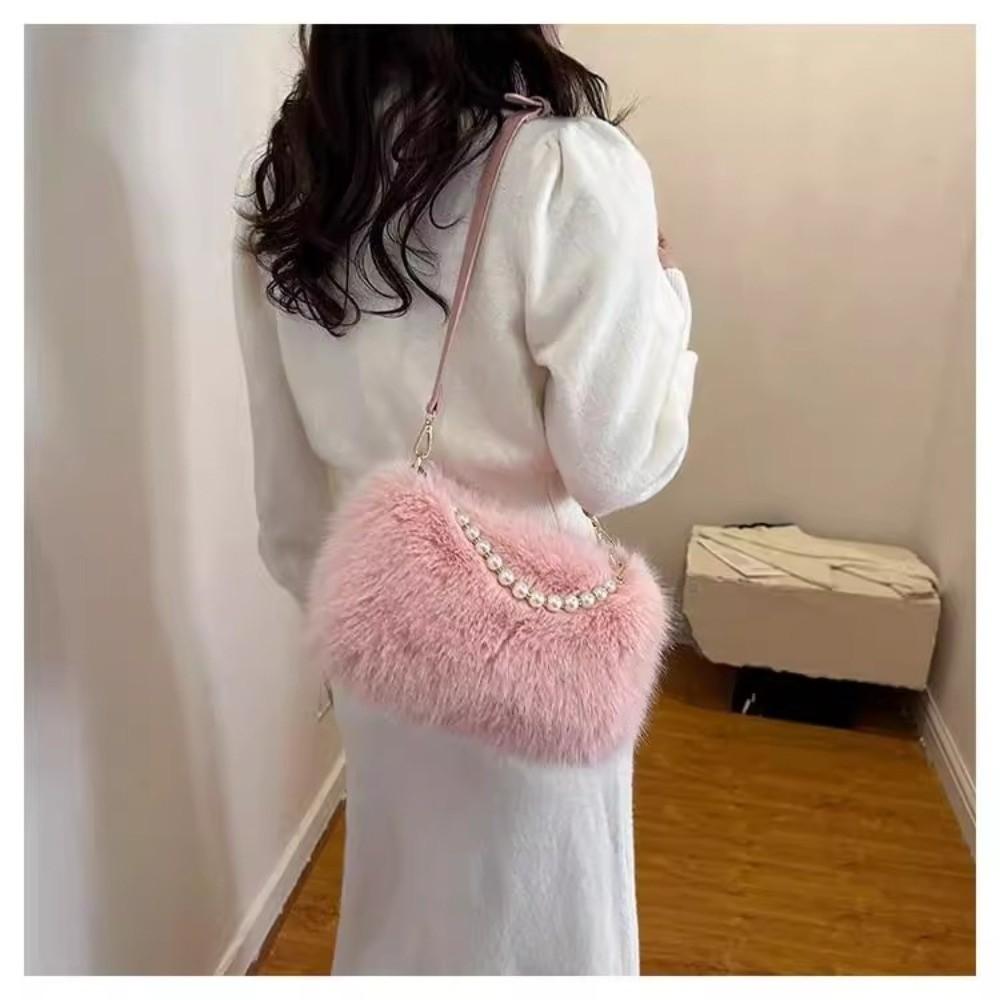 Fashi Faux Fur Shoulder Bag Soft Fluffy Plush Handbag Zipper Solid Color Crossbody Bag