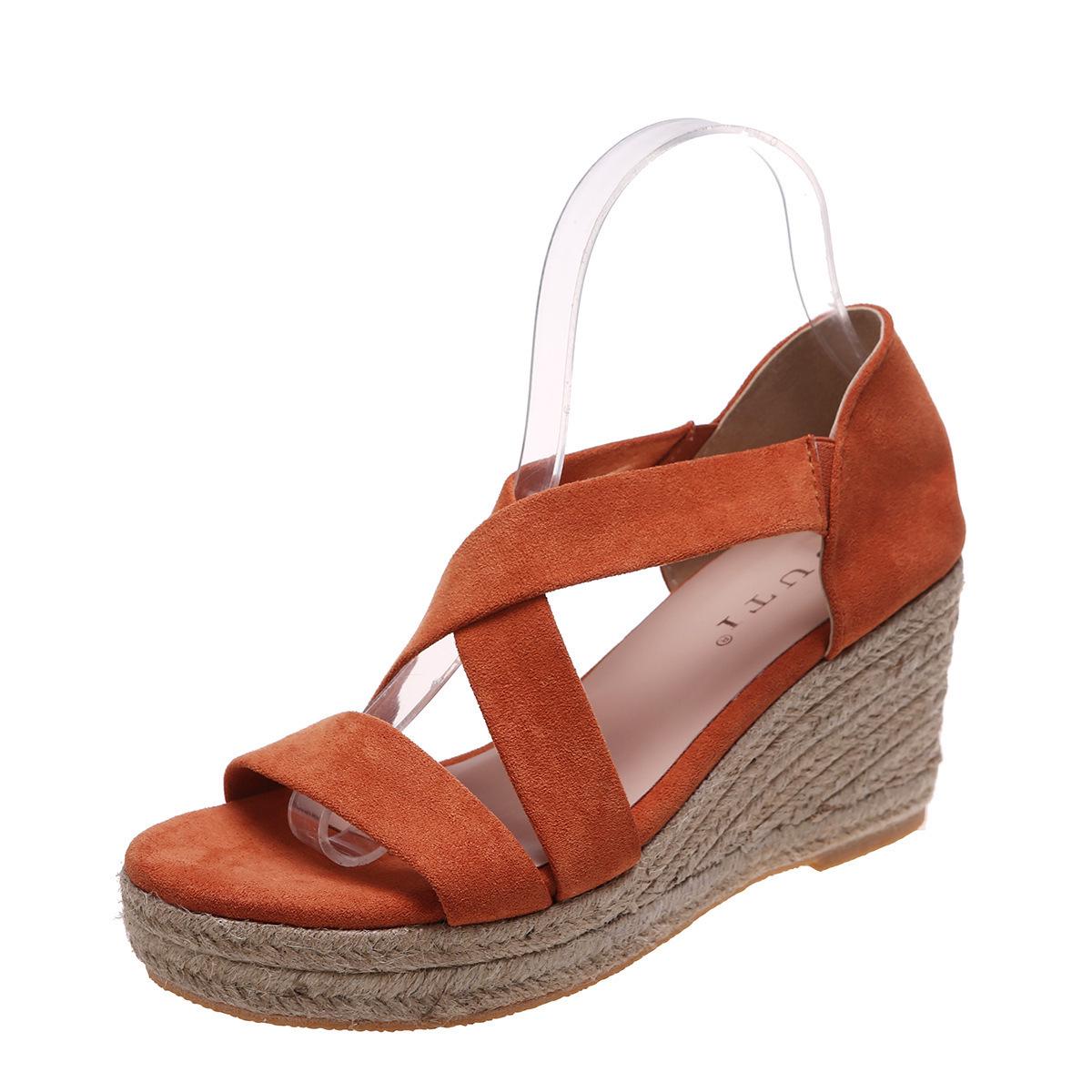 Summer 2022 Women s Thick-Soled Open-Toe Elastic Strap Wedge Sandals with Hemp Rope, Large Size 35 оранжевый
